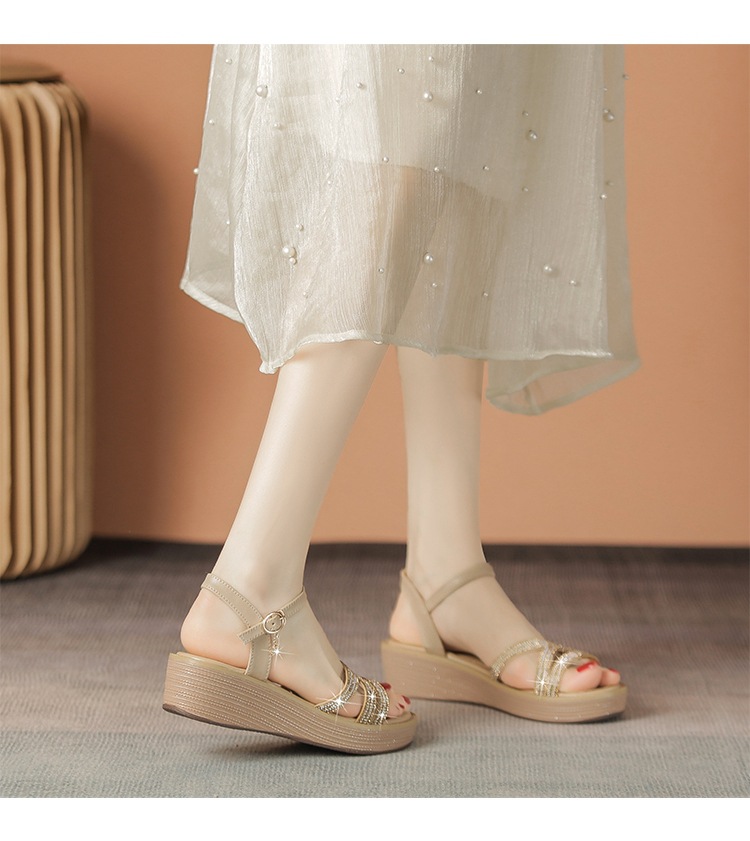 Sandal cao gót nữ đính đá phong cách La Mã, đế xuồng thoải mái — AY161 Trắng be chi tiết 16