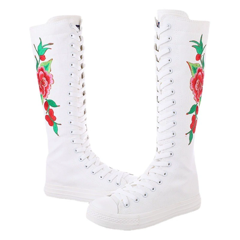 Модные дедуктивные ботинки в Корейском стиле с вышивкой для танцев на шнуровке с боковой молнией, супер высокие сапоги, парусиновая женская обувь, модная