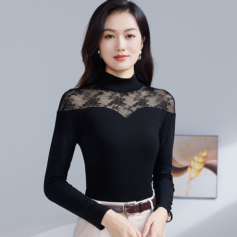 Autumn and Winter New Style Half Turtleneck Lace Splicing Long-Sleeved Bottoming Shirt for Women Versatile Stretch Cotton T-Shirt Inner Top