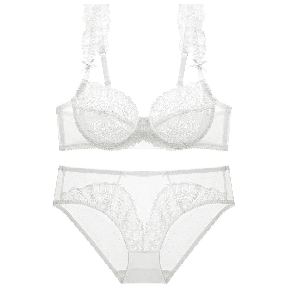 Traje de ropa interior sexy de encaje más tamaño sujetador transparente fino pecho grande lado pequeño cerrado traje de sujetador de mujer antideslizante