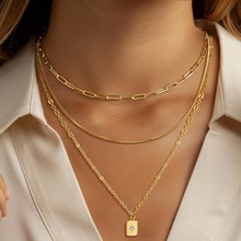 欧美新款多层叠戴项链方形几何锆石镶嵌吊坠颈链个性风潮流行饰品