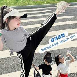 夏季套装女童裤子t恤儿童运动裤短袖2023新款洋气女孩防蚊裤时髦