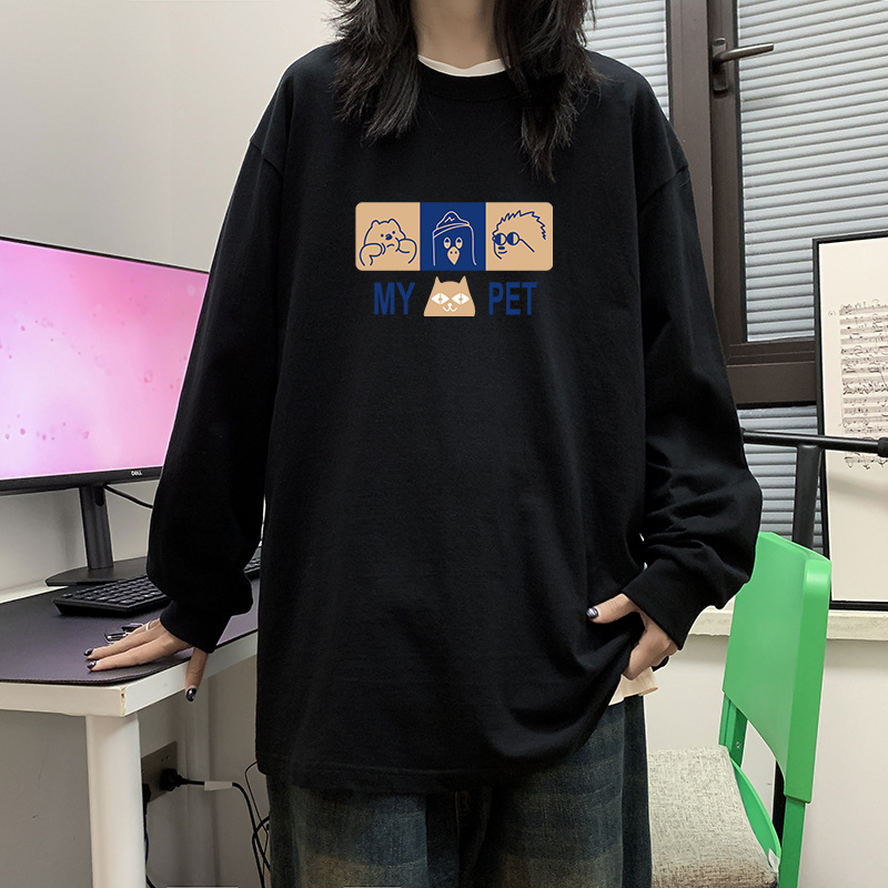 100% algodón pesado de alta calidad 230g de otoño camiseta de manga larga de cuello redondo negro camiseta de base suelta camiseta de mujer