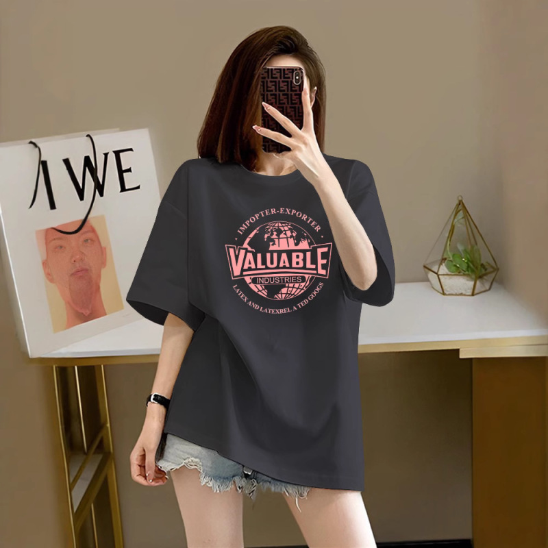 dark gray High-end Pure Cotton Women's Short-sleeved T-shirt Women's 2025 Summer New Arrival Loose European-made Large-size Trendy Top