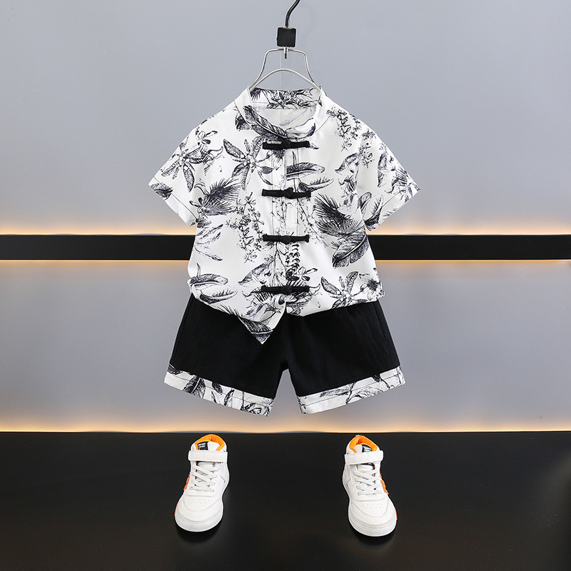Children's Summer Traditional Chinese Style Short-sleeve Floral Shirt Set 2024 New Baby Tangzhuang Hanfu Two-piece Set