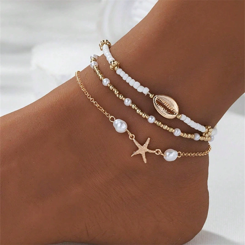 Ankle Bracelet, Boho Beach Style White Elastic Pendant, Shell & Starfish Accent