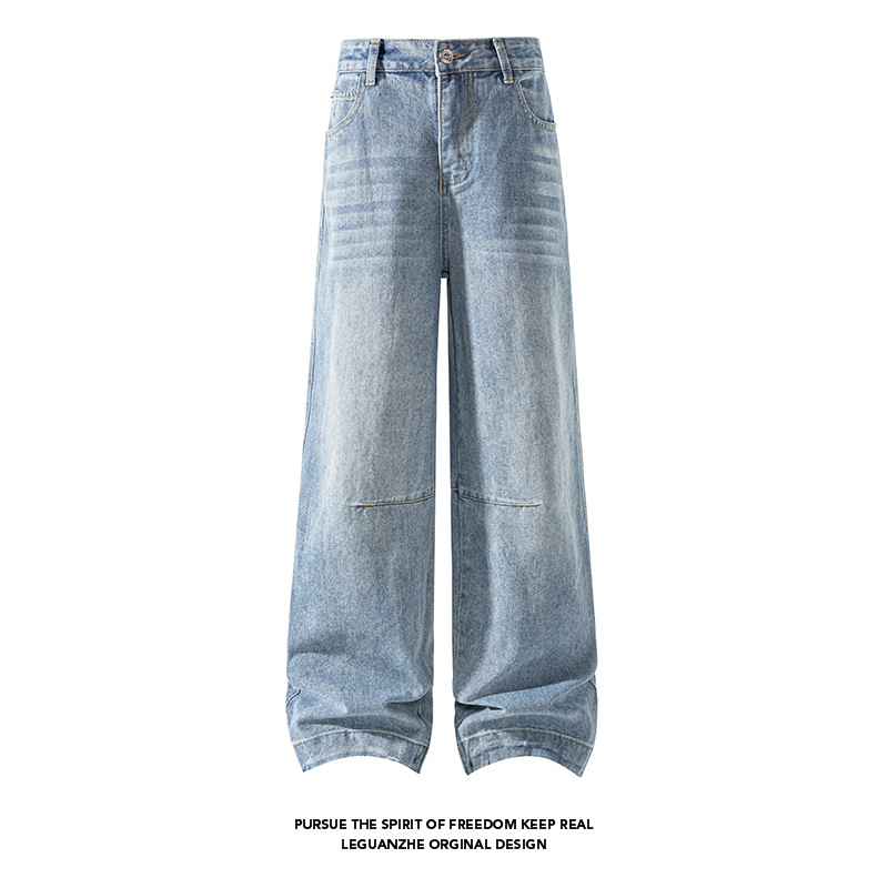 Amerikanischer Deconstructed Cleanfit Curved-Cut Jeans für Herren, Herbst- und Wintertrend, Marke Washed Straight-Leg_voghion.com