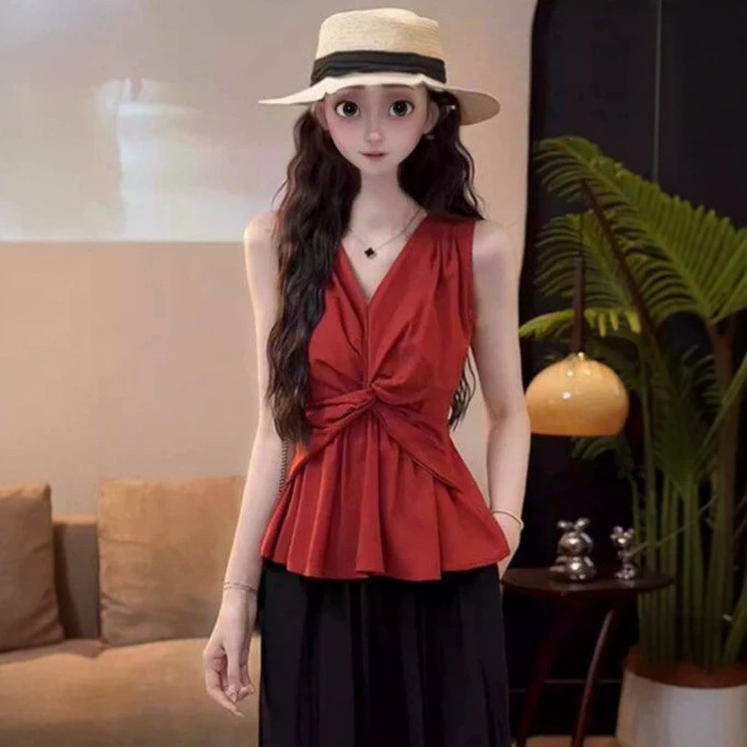 French-Style Design V-Neck Twist Sleeveless T-Shirt for Women, Very Stylish, Waist-Cinching, Slimming, Elegant, Age-Reducing, Versatile Top, Trendy