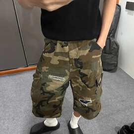 跨境专供跨境破洞补丁七分牛仔裤男女夏季小众设计感宽松水洗迷彩
