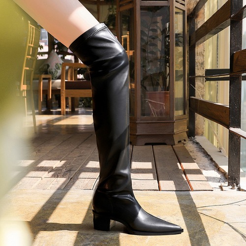 009-22 Western and European Fashion Minimalist Thick Heel High Heel Pointed Toe Sexy Nightclub Ankle Length Boot Over-the-Knee Boot Long Boot