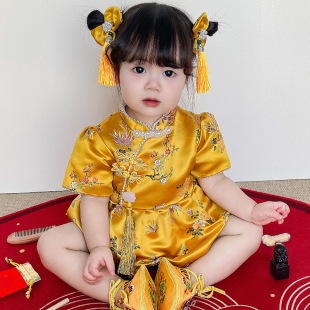 Baby Girl's One-Year-Old Dress, Yellow Chinese-Style Cheongsam, Chinese-Style Children's Tang Suit, Little Girl's Romper, Ethnic Style