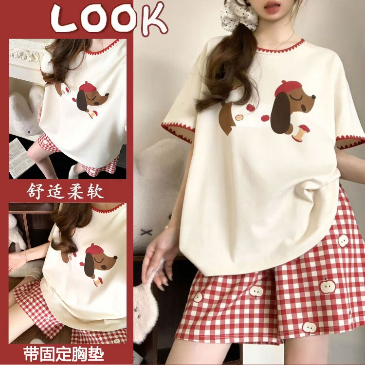 Wholesale in Stock】Women's Summer Short-Sleeved Pajamas with Chest Pads, Cartoon Cute Loose-Fitting Style for Girls, Can Be Worn Outside as Loungewear Set Wholesale in Stock】Women's Summer Short-Sleeved Pajamas with Chest Pads, Cartoon Cute Loose-Fitting Style for Girls, Can Be Worn Outside as Loungewear Set