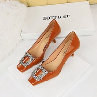 6183-K19 European and American Banquet Women's Shoes Slim Heel High Heel Square Head Bright Lacquer Leather Metal Water Diamond Buckle Single Shoes High Heel Shoes
