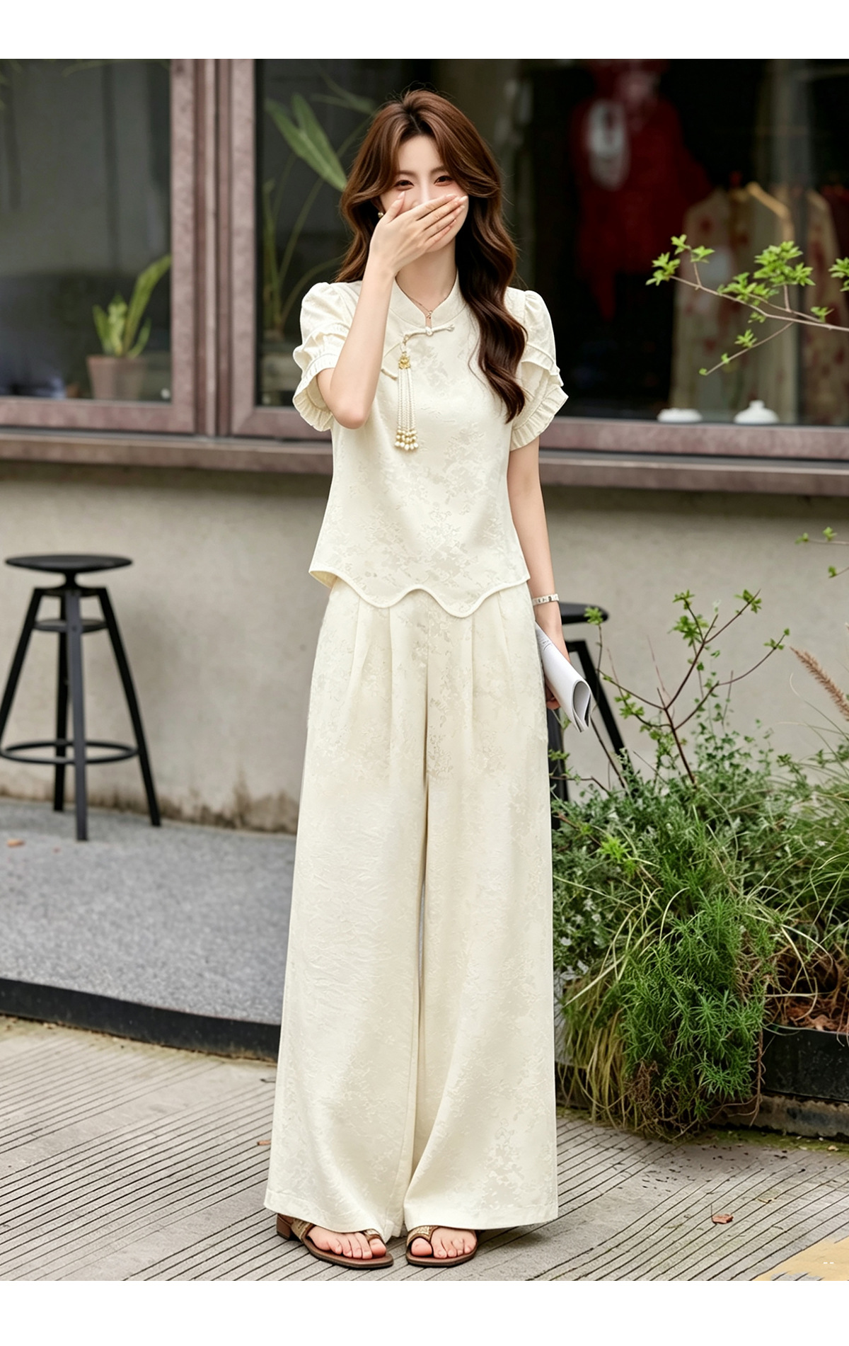 Bộ áo sơ mi họa tiết jacquard kết hợp quần ống rộng cạp thun hai mảnh thời trang — Vàng kem, xanh lá cây chi tiết 25