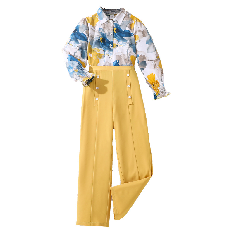 Mädchen 7-12 Herbst Kinderkleidung neues Western-Stil bedrucktes langärmeliges Hemd und Hosen-Set_voghion.com
