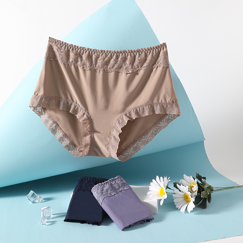Ice Silk Seamless Mid-waist Large Size Lace Underwear Women's Breathable Hip Boxer Thin Shorts