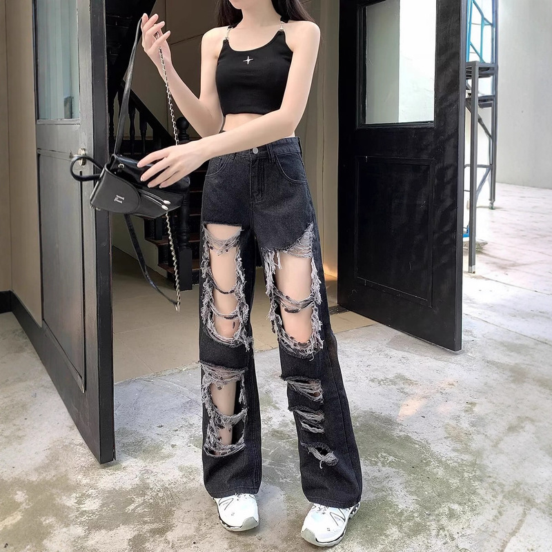 Plus Size New American High Street Black Ripped Jeans for Women, Loose Slimming Straight Wide-Leg Floor-Length Pants