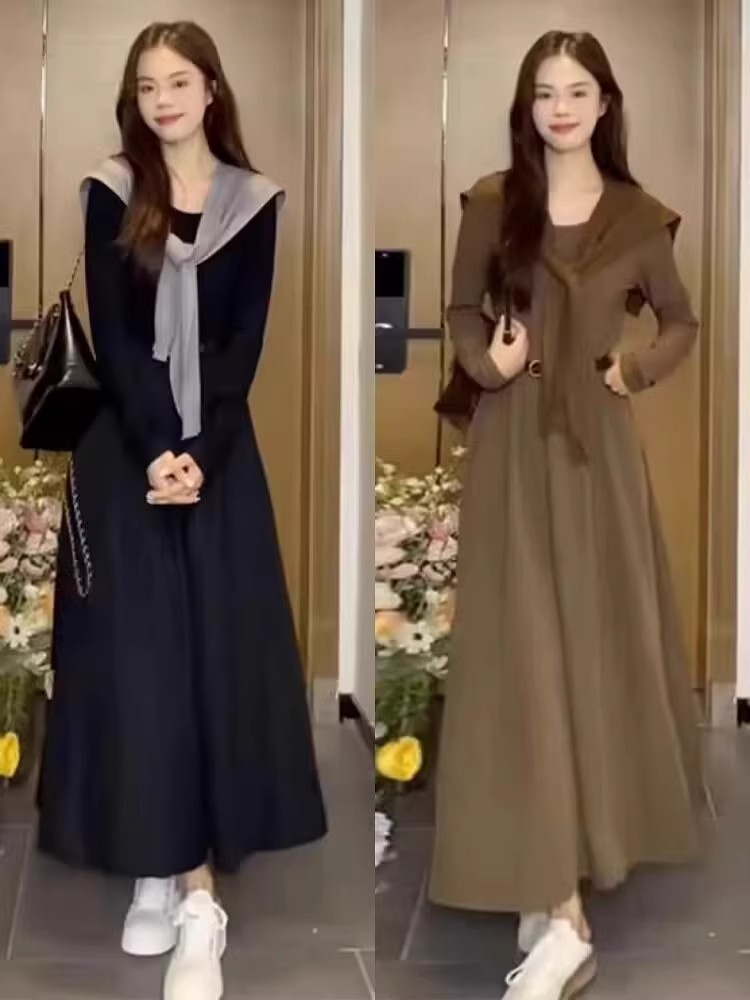 Retro solid color long-sleeve with a round collar