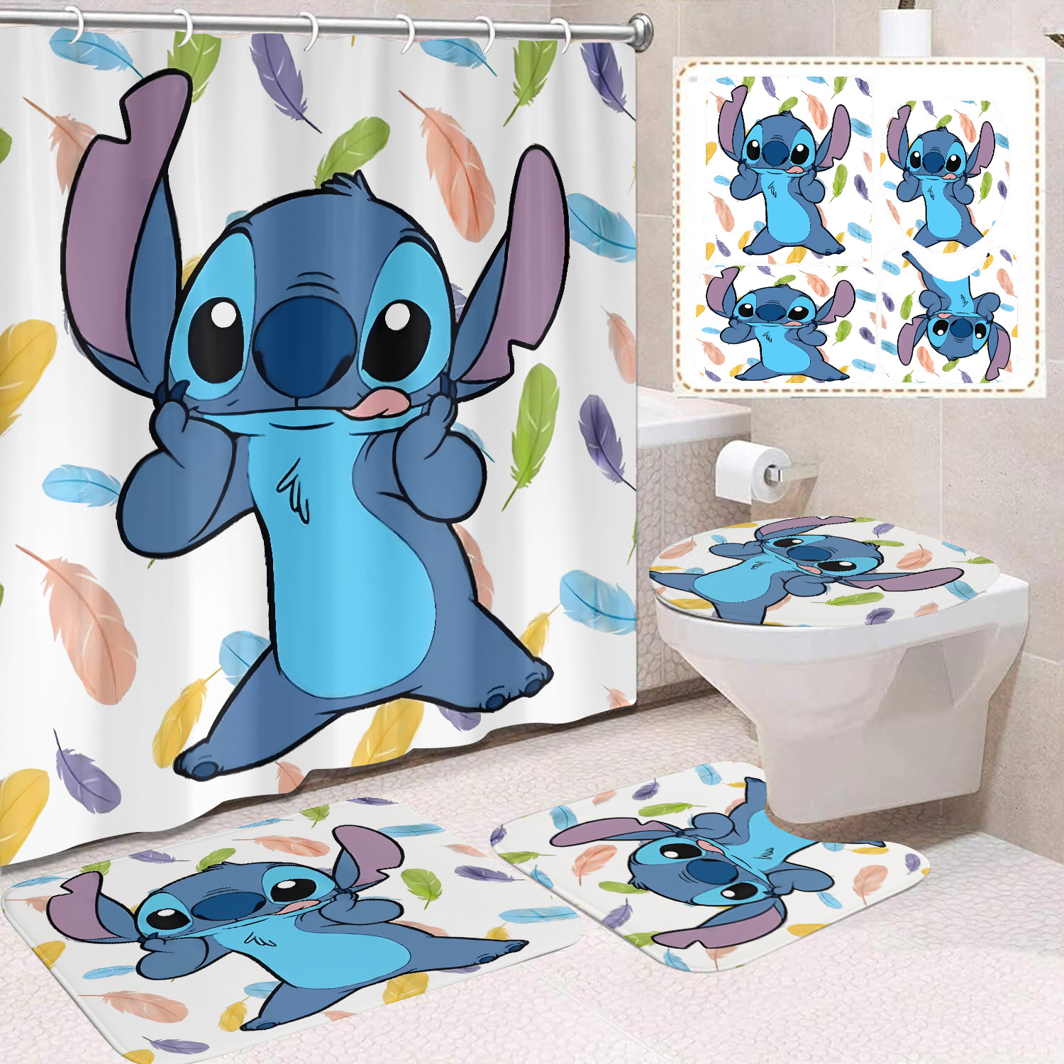 Venta directa de fábrica lindo baño de dibujos animados de cuatro piezas cortina de ducha impermeable cortina de ducha sin perforación cortina de partición de baño de baño