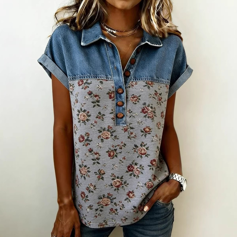 2026 Summer New Style Lapel T-Shirt for Women, European and American Fashion Trendy Floral Color-Blocking Short-Sleeve Pullover for Women