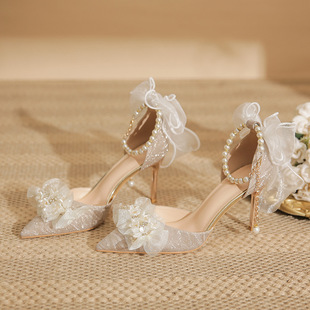 2024 Spring New Style Sparkling Stiletto Pearl Chain Crystal Shoes Large Size 41-43 High-End High Heels Large Size
