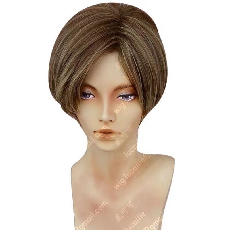 Resident Evil Leon Cos Wig Scott Kennedy Green Brown Highlighted Short Hair Cosplay Fake Hair