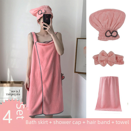 Factory Coral Fleece Bath Skirt Wearable Thickened Women's Halter Neck Strap Magic Bath Towel Adult Beach Towel Bath Cap Set 