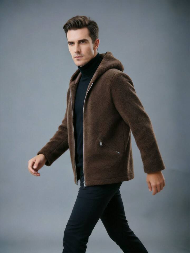 Áo khoác jacket nam dày dặn hai mặt mặc được có mũ, dáng rộng, dài áo 50–65 cm — Màu cà phê, màu đen chi tiết 4