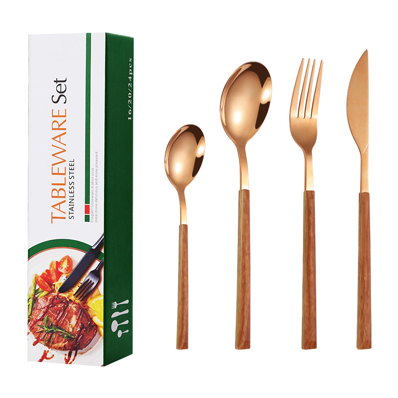 Transfronterizo imitación mango de madera de acero inoxidable traje de vajilla occidental 24 piezas cuchillo de carne tenedor cuchara postre tenedor cuchara caja de regalo