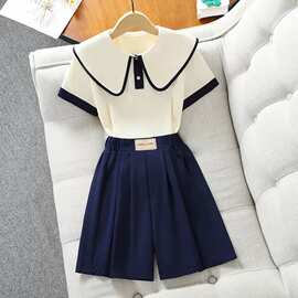 女童套装夏季新款中大童娃娃领短袖T恤五分裤韩版时尚衣服两件套