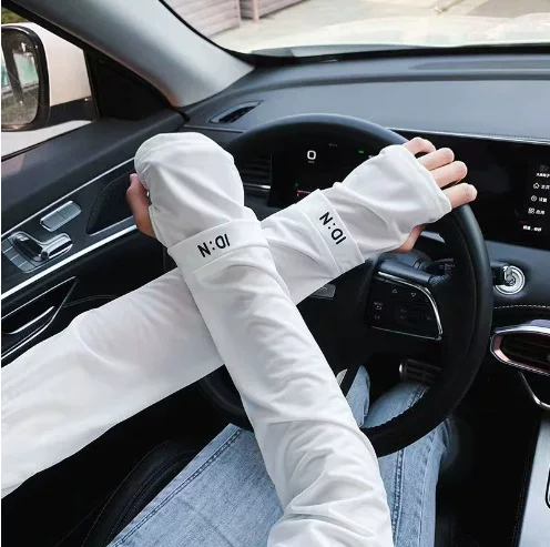 New Id Standard Letter Ice Silk Sleeves Sun Protection Ice Gloves for Male and Female Students Summer Anti-Uv Driving Hand Anti-Black
