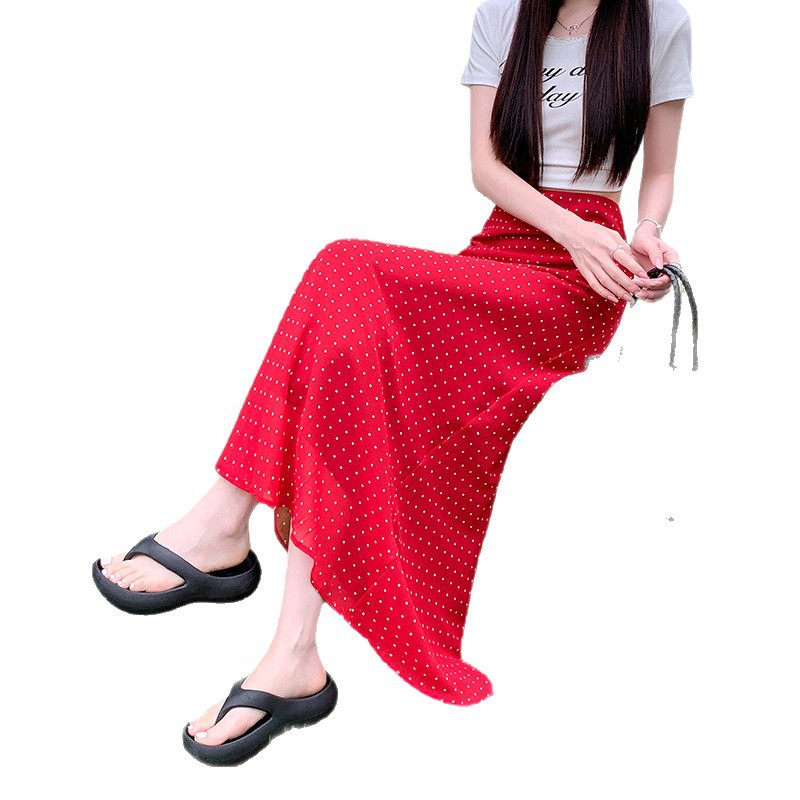 Summer red retro fitted shiffon long skirt