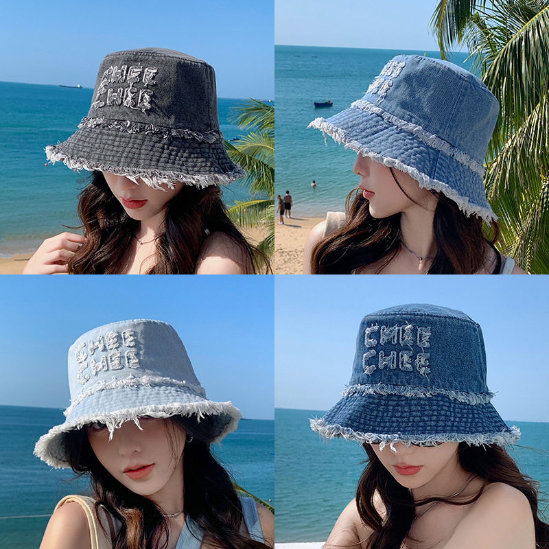 Frayed Edge Women's Denim Bucket Hat With Logo For Outdoor Hiking_voghion.com