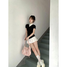 晨领假两件polo领连衣裙女夏季法式设计感收腰显瘦甜辣百褶短裙子