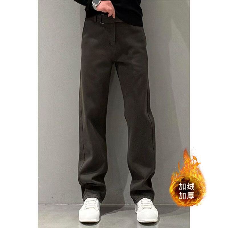 Trendy men's casual loose-fit straight-leg versatile high-street trousers, available in regular and fleece-lined options, bulk discounts negotiable
