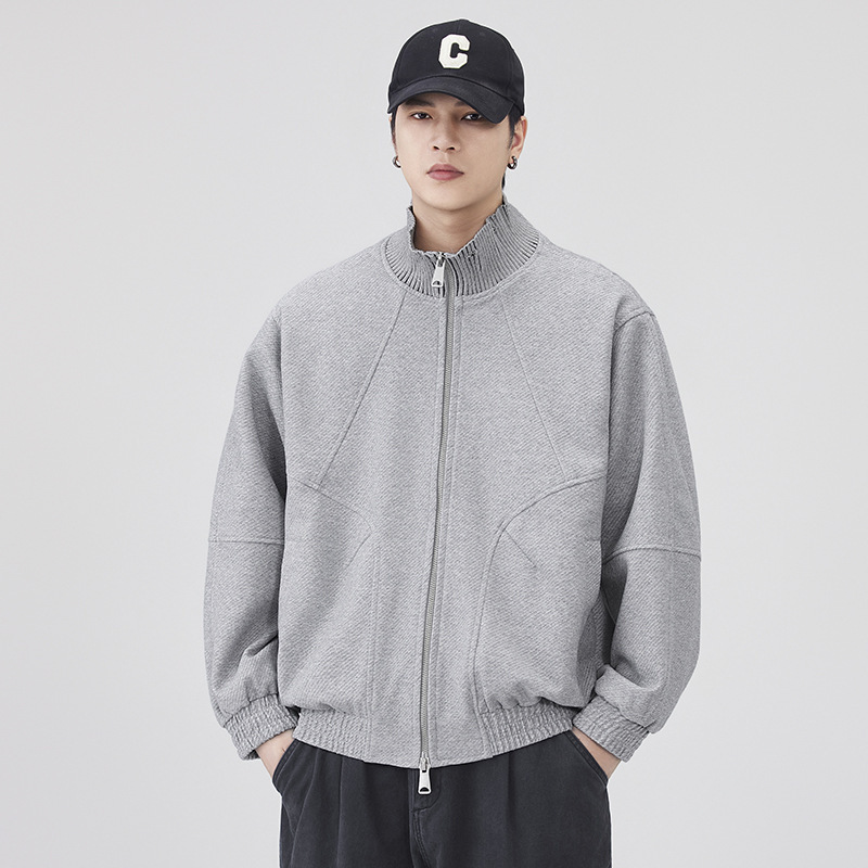 Designer Style Twill Knit Half-High Collar Cardigan Jacket for Men, Spring 2025 Autumn New Loose Casual Jacket