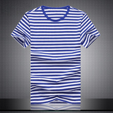 夏季海魂衫短袖t恤男士圆领海军风半袖纯棉蓝白条纹丅体恤大码潮