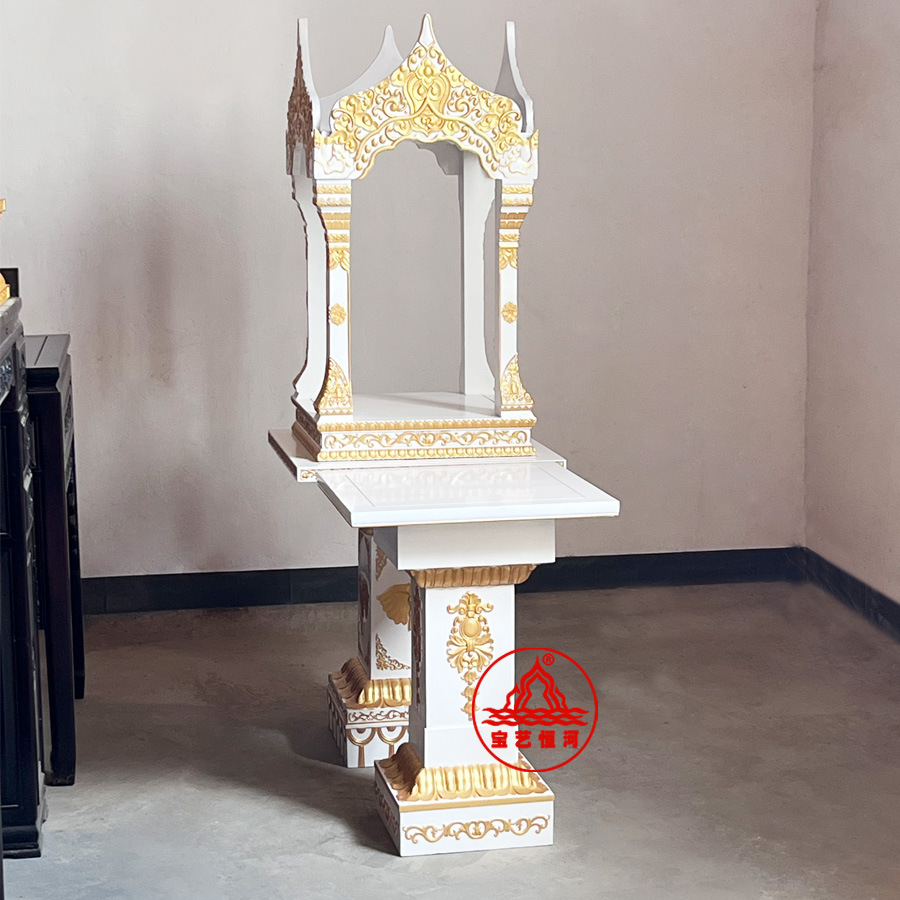 White Thai-Style Home Shrine for Four-Faced Deity, Thai Buddha Shrine, Baoyi Ganges Camphor Wood Mortise and Tenon Offering Table