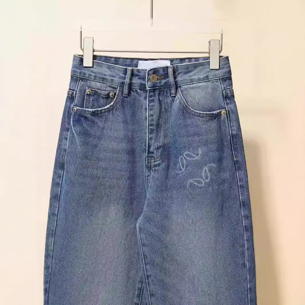 유럽과 미국 역 중산 청바지 2024 가을과 겨울 로이 홈 불타는 꽃 로고 스트레이트 청바지 여성 조커