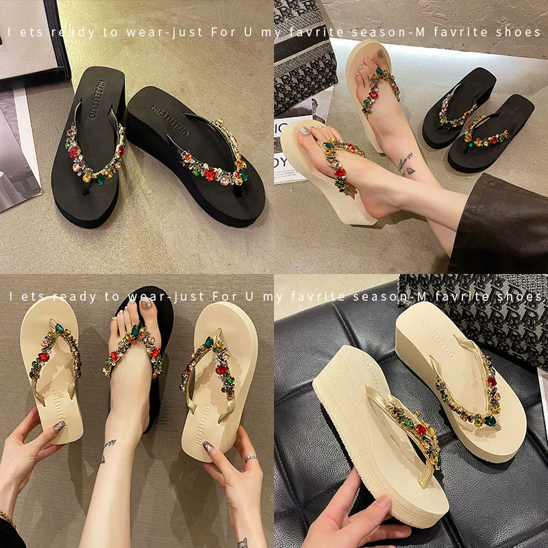 Summer slippers, flip flops platform, slide high heels, beach footwear, internet celebrity