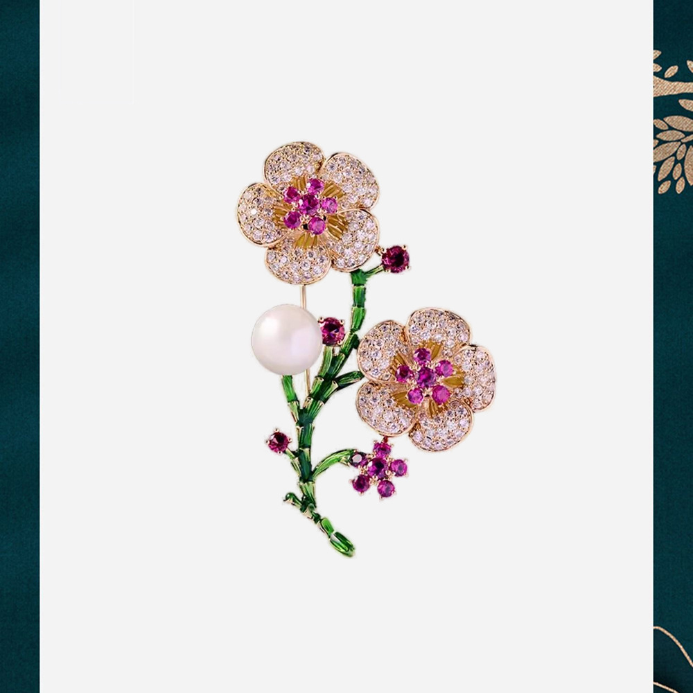 Spilla gioiello perla fiore di pesco, elegante spilla floreale_voghion.com