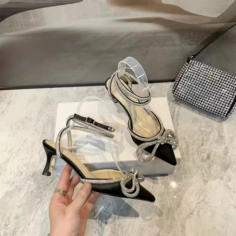 Bow High Heels for Women 2025 New Stiletto Design Popular Flats Pointed Toe Straps Transparent Rhinestone Sandals