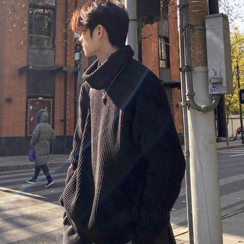 Half-Turtleneck Sweater for Men, Autumn and Winter, Lazy Style, American-Style Couple's Knitwear, Oversize, Pure Black Yarn