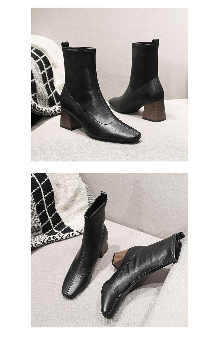 블랙 스퀘어 토 가죽 부츠 싱글 안감
