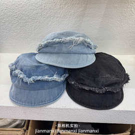 毛须边牛仔鸭舌帽女春夏季新款纯色百搭遮脸盆帽街头遮阳报童帽子