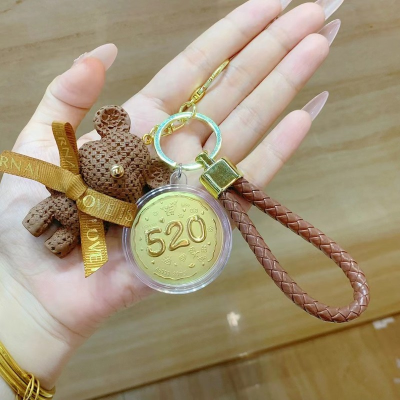 足金999黄金520小饼熊公仔钥匙扣挂件可爱情侣包包挂饰汽车钥匙链|undefined