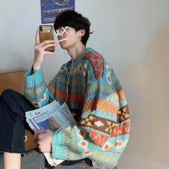 2024民族風丸首セーター男性秋冬ゆるいファッション韓国風カップルニットブランド