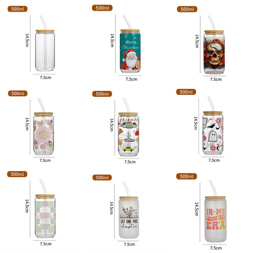 Amazon 16oz Cola Cup with Borosilicate Glass Straw Cup Bamboo Lid Transparent Mason Tea Drink Cup Customization