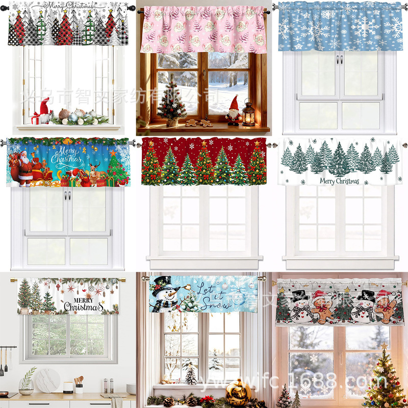 Amazon's best-selling cross-border new Christmas window decoration curtain rod short curtain with digital print for festive atmosphere Amazon's best-selling cross-border new Christmas window decoration curtain rod short curtain with digital print for festive atmosphere