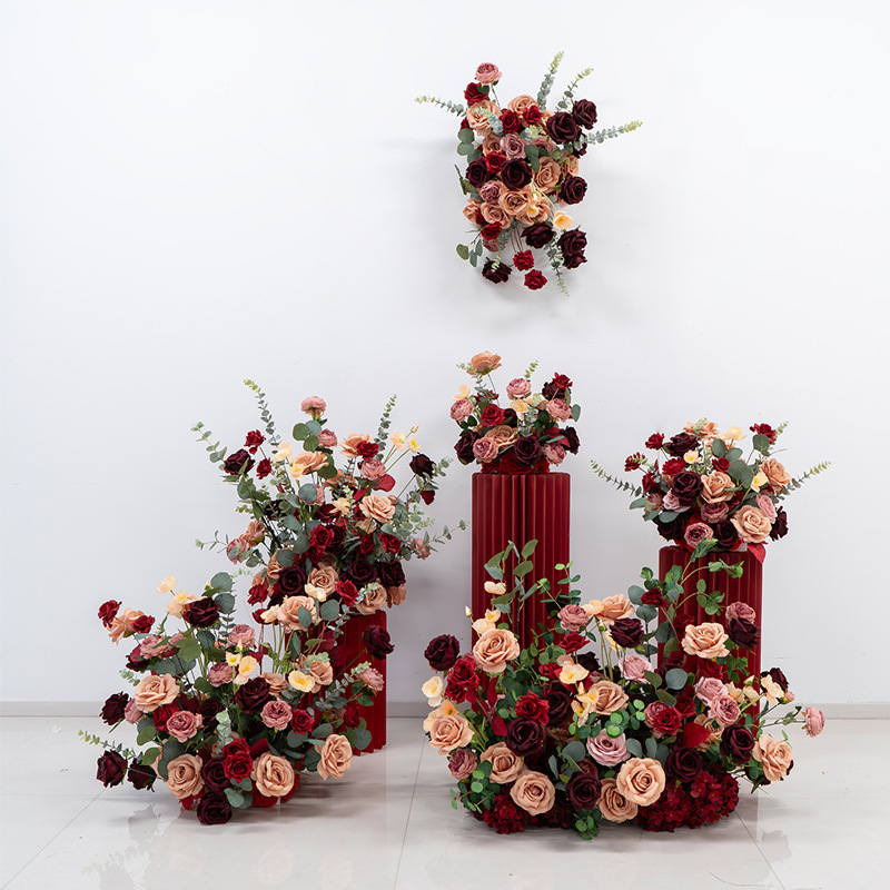 Autumn-Colored Dark Artificial Flower Decoration Set Floral Art Wedding Celebration Welcome Arrangement Finished Flower Ball Floor Arrangement Fake Flowers